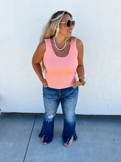 Lillian Scalloped Knit Tank in Peach
